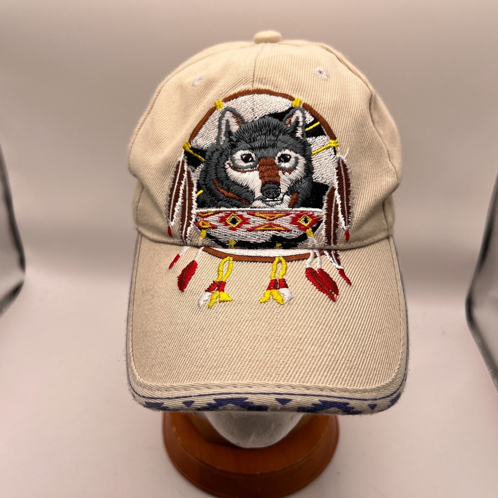 Native Pride CTS Hats Wolf Dreamcatcher Embroidered Tan Baseball Cap Adjustable
